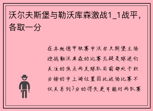 沃尔夫斯堡与勒沃库森激战1_1战平，各取一分