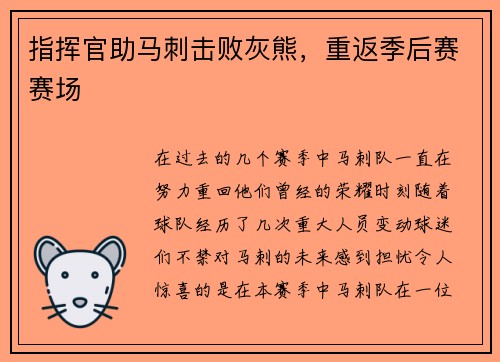 指挥官助马刺击败灰熊，重返季后赛赛场